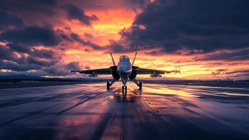Jet fighter waits on wet runway under blazing sunset sky.