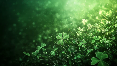 Shimmering clover meadow bathed in soft emerald light.