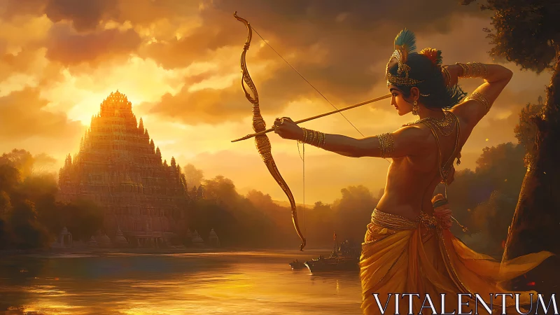 Archer silhouette before riverside temple at sunset scene.