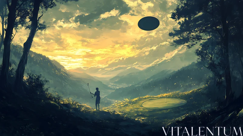 Twilight valley golfer beneath hovering disc portal.