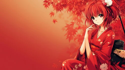 Scarlet kimono daydream under whispering maple leaves.