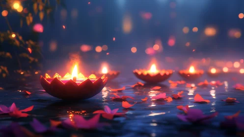 Floating lotus candles glowing over petal-strewn water.