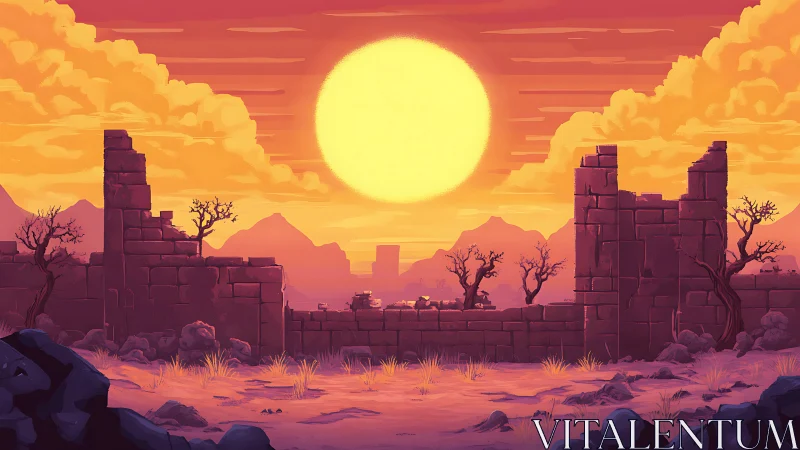 Ruined desert fortress glows beneath an immense setting sun