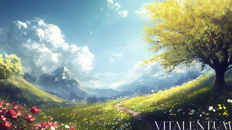 Sunlit mountain meadow stretches toward distant cloud peaks