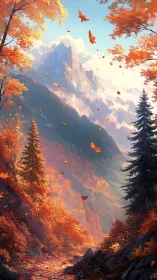 Autumn mountain pass under swirling leaves and warm light.