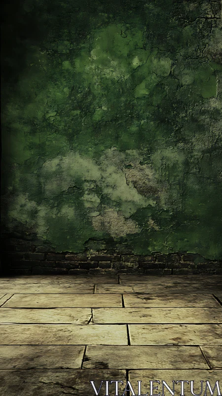 Grunge green wall and worn floor create moody urban backdrop