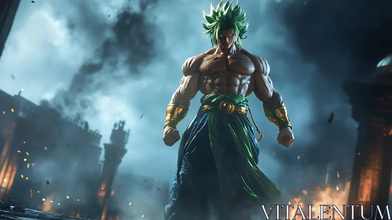 Mythic warrior stands amidst burning ruins in stormy dusk