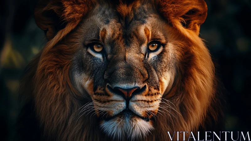 Ultra-detailed frontal lion portrait in low-key warm lighting