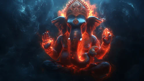 Fiery elephant deity floats in glowing cosmic void