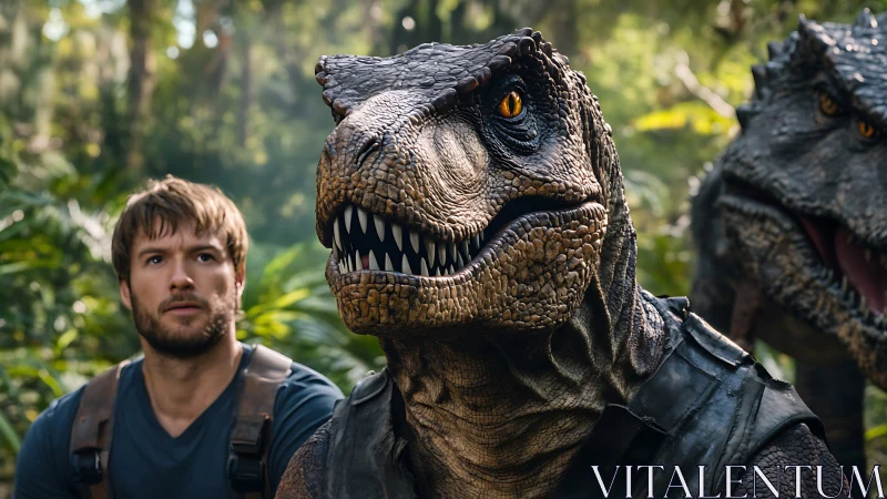 Human handler with armored raptor squad in rainforest standoff.