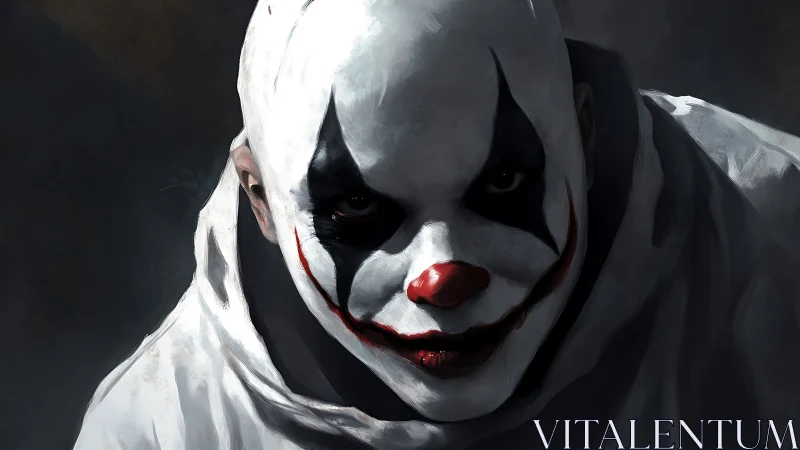 Gritty clown portrait with shadowed stare and smudged smile.