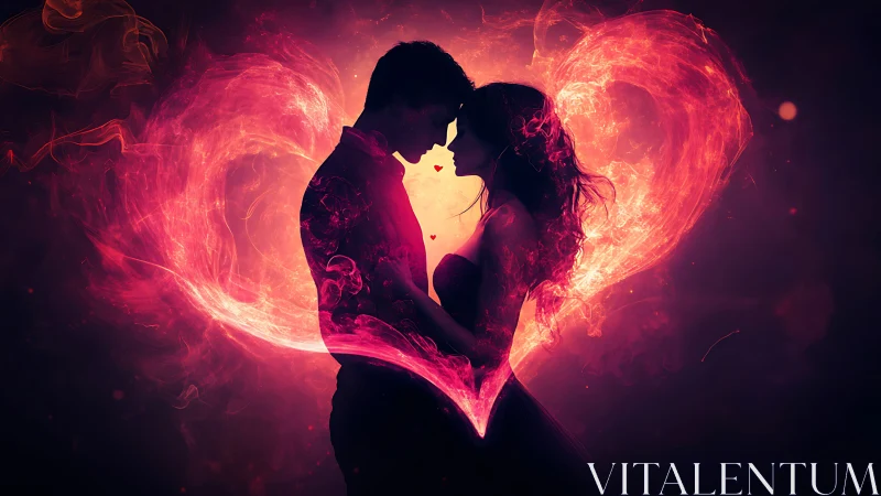 Two souls kissing within radiant heart of fire.