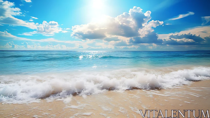 Sunlit ocean waves roll onto a tranquil turquoise shore