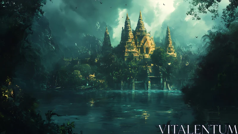 Luminescent jungle citadel mirrored across stormlit water.