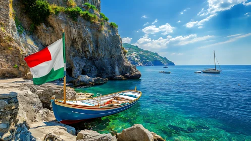 Italian Coastal Mediterranean Seascape with Tricolor Flag and Moored Fishing Vessel