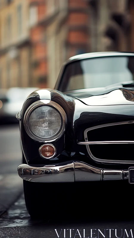 Front view of vintage black car on urban street