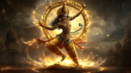 Hindu deity figure dancing within radiant circular halo.