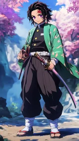 Sword-wielding anime warrior amid serene cherry blossoms.