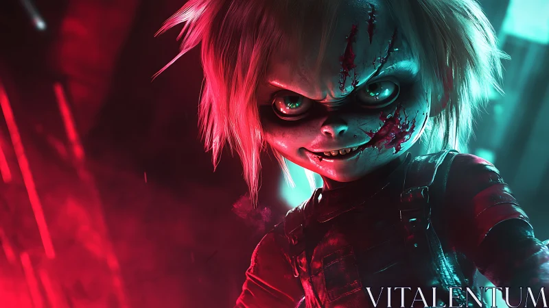 Sinister doll grins under red teal neon backlighting