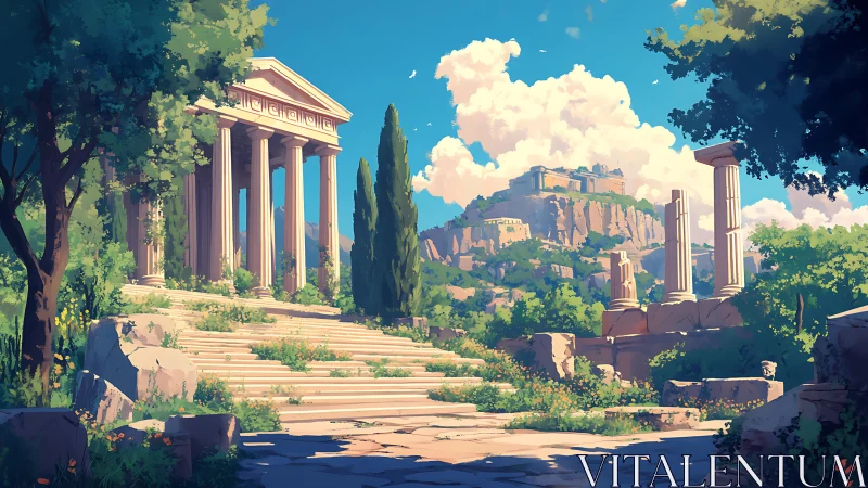 Sunlit Greek temple ruins stand above stone steps and trees