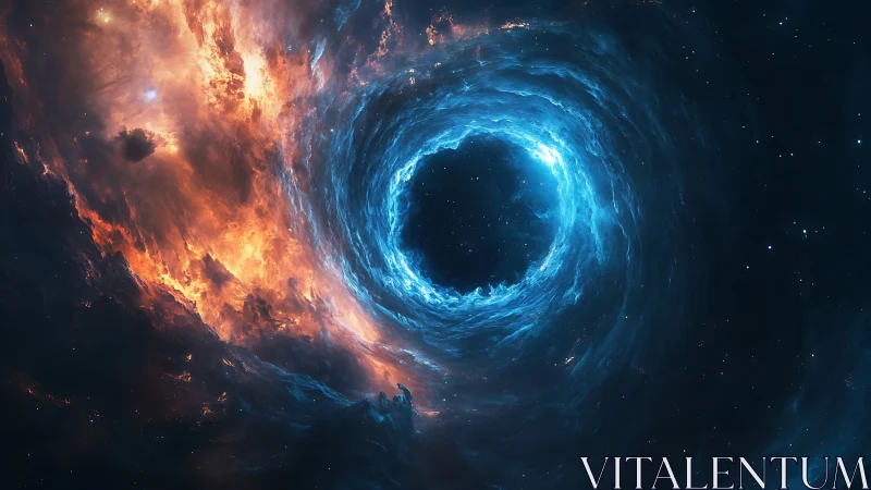 Rotating blue-orange cosmic vortex in deep space image.