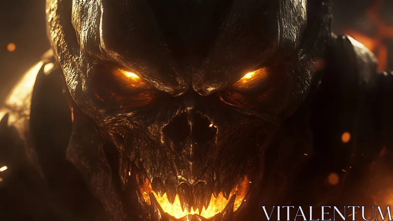 Molten-eyed demon close-up amid swirling embers and ash.