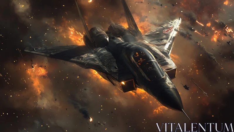 Military jet in dense aerial combat over burning clouds.