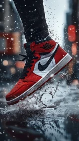 Red and white sneaker impacts wet urban pavement mid-stride