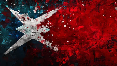 Shattered star streaks through crimson and teal storm.