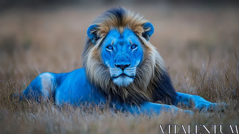Calm blue lion resting softly in golden evening grasslands.