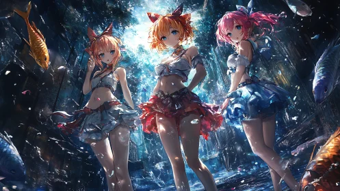 Triad of anime idols in luminous underwater alley.