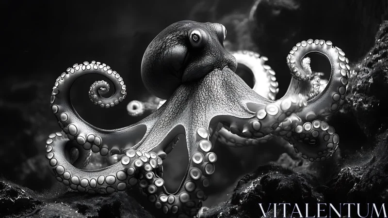 Monochrome octopus extends curling tentacles over rocky seafloor