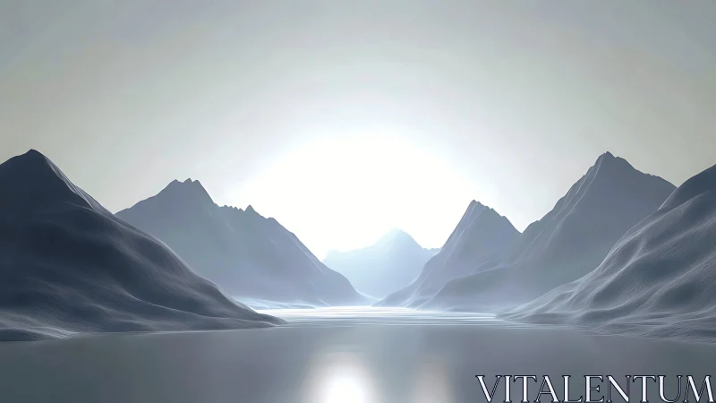 Silent polar fjord bathed in ethereal glacial sunrise light.