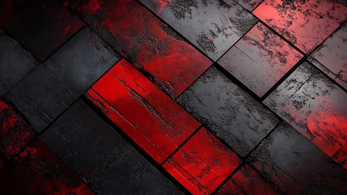Abstract geometric pattern with textured black and red tiles.