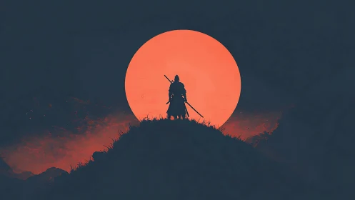 Samurai silhouette stands before large red sun disk