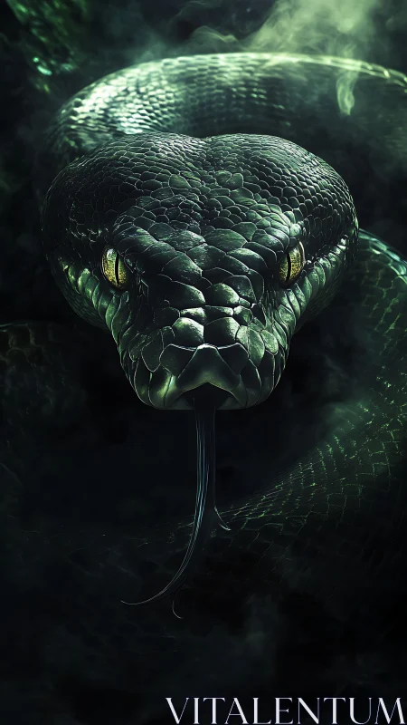 Macro-rendered emerald serpent under volumetric jungle haze.