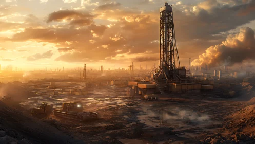 Industrial oil rig dominates sunlit dystopian extraction landscape