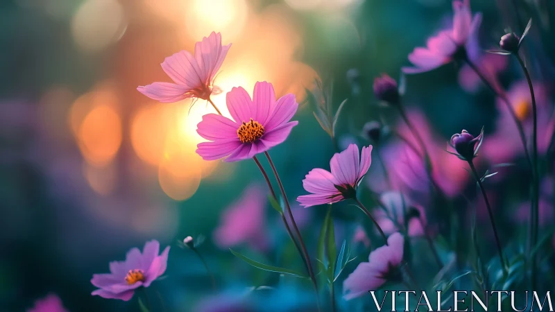 Backlit Pink Cosmos Flowers in Golden Sunset Glow.