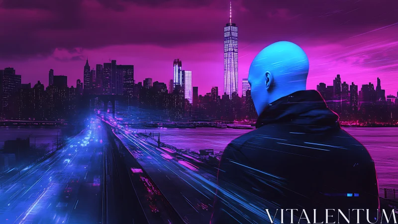 Blue figure overlooking neon city skyline at night