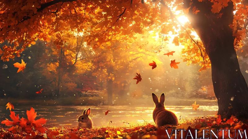 Two rabbits by autumn lake under glowing orange leaves.