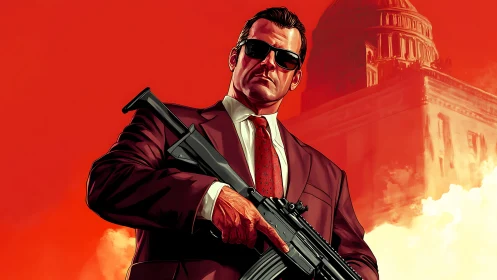 Suited man holding rifle stands before domed building