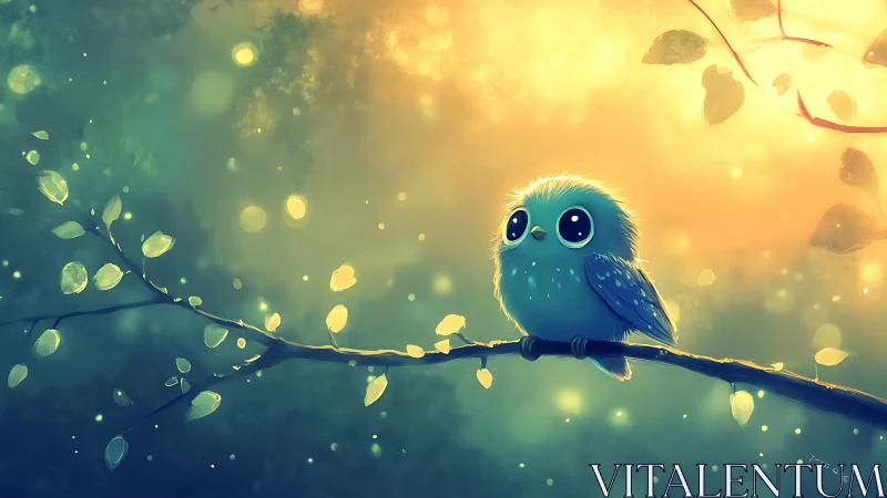 Cute blue cartoon owl on glowing branch in dreamy fantasy art.