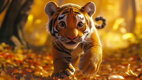 Playful tiger cub rendered in warm cinematic digital painting