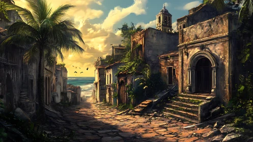 Sunlit coastal ruins along an overgrown stone street.
