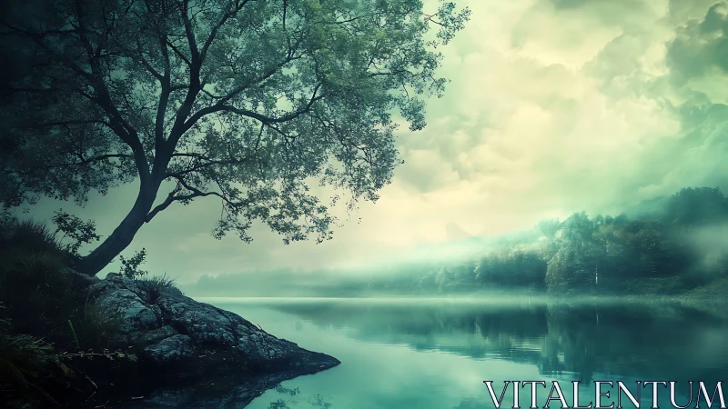 Misty lakeside tree under cinematic teal atmospheric light.