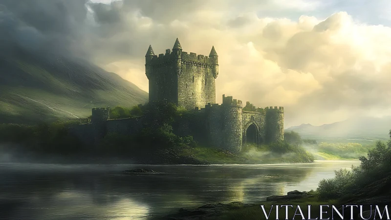 Stone riverside castle under cloudy misty daylight scene.