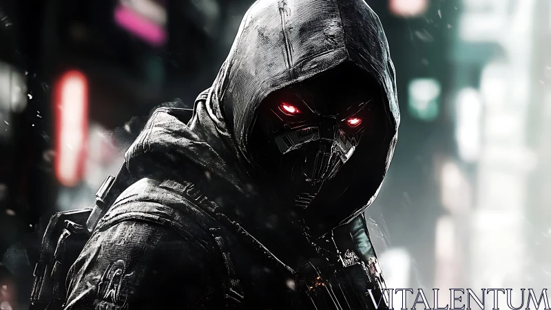 Cybernetic assassin stalks neon city streets under rain