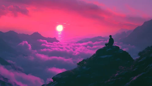 Solitary dreamer watching a neon dawn flood the cloudsea.