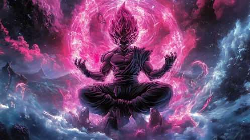 Powerful anime warrior meditating in glowing cosmic storm.