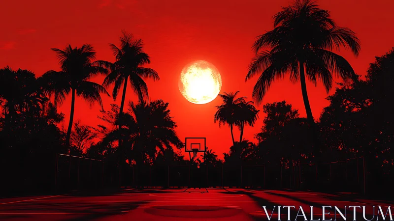 Digital sunset court under palm silhouettes, high contrast rendering.
